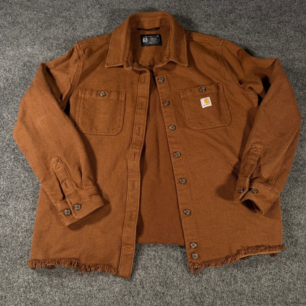 Carhartt Canvas Shirt Jacket Loose Fit Raw Hem Brown TW5991-W Medium Womens Coat